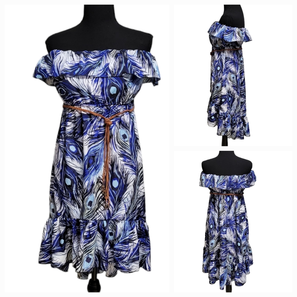 NWT Delia's Small Blue & White Boho Feather Print Belted Strapless Dress